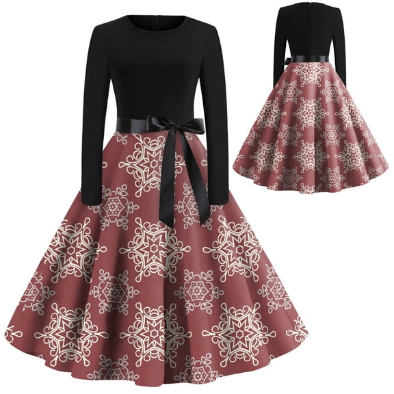 Women's Christmas Printed Flare Dress - Long Sleeve Casual Party Wear, Vermilion, L
