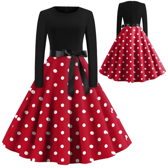 Women's Christmas Printed Flare Dress - Long Sleeve Casual Party Wear, Vermilion, M