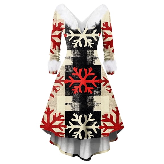 Women's Christmas Printed Fuzzy Trim Dress - V-neck Casual Slim Long Sleeve Party Wear, Beige, S