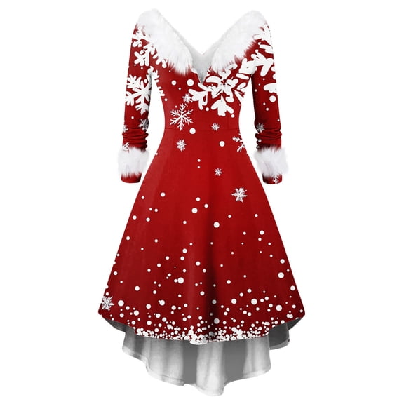 Women's Christmas Printed Fuzzy Trim Dress - V-neck Casual Slim Long Sleeve Party Wear, Burgundy, XXXXL