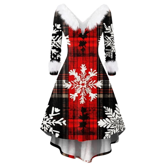 Women's Christmas Printed Fuzzy Trim Dress - V-neck Casual Slim Long Sleeve Party Wear, Dark Gray, S