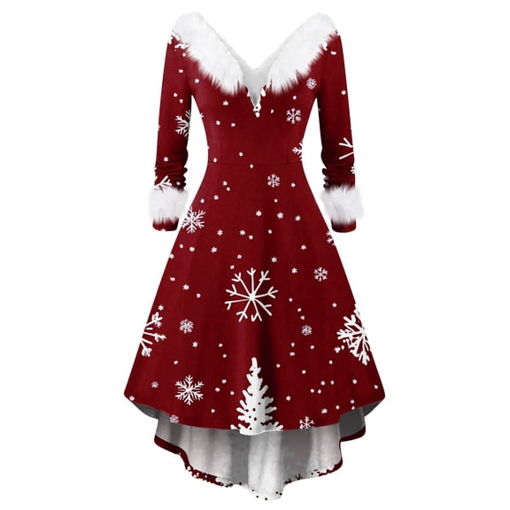 Women's Christmas Printed Fuzzy Trim Dress - V-neck Casual Slim Long Sleeve Party Wear, Dark Red, XXXXXL