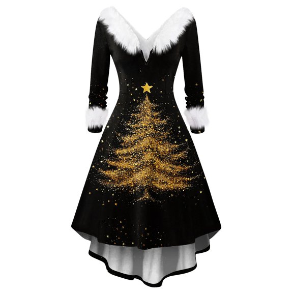 Women's Christmas Printed Fuzzy Trim Dress - V-neck Casual Slim Long Sleeve Party Wear, Gold, L