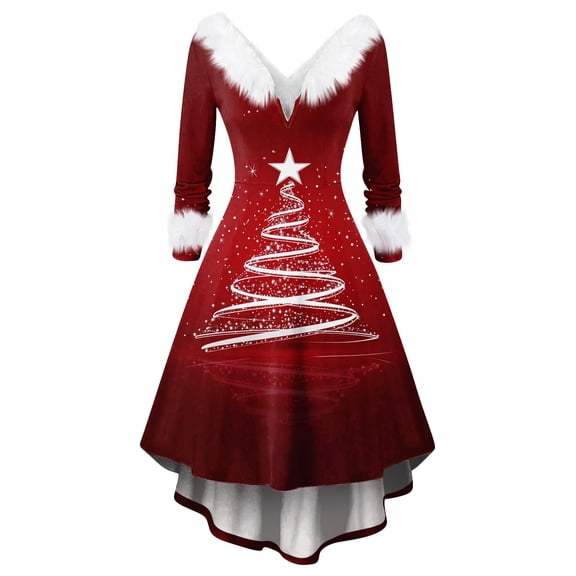 Women's Christmas Printed Fuzzy Trim Dress - V-neck Casual Slim Long Sleeve Party Wear, Red, L