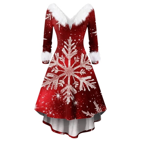 Women's Christmas Printed Fuzzy Trim Dress - V-neck Casual Slim Long Sleeve Party Wear, Red, XXL