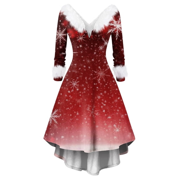 Women's Christmas Printed Fuzzy Trim Dress - V-neck Casual Slim Long Sleeve Party Wear, Red, XXXXXL