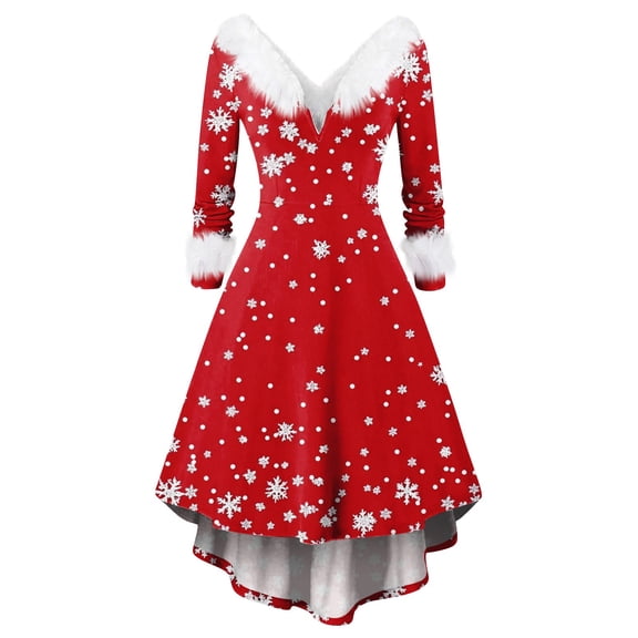Women's Christmas Printed Fuzzy Trim Dress - V-neck Casual Slim Long Sleeve Party Wear, Vermilion, XXXXL