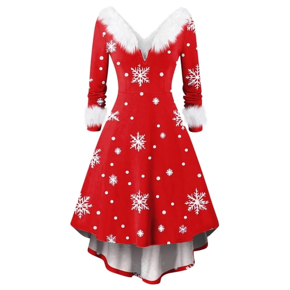 Women's Christmas Printed Fuzzy Trim Dress - V-neck Casual Slim Long Sleeve Party Wear, Watermelon Red, S