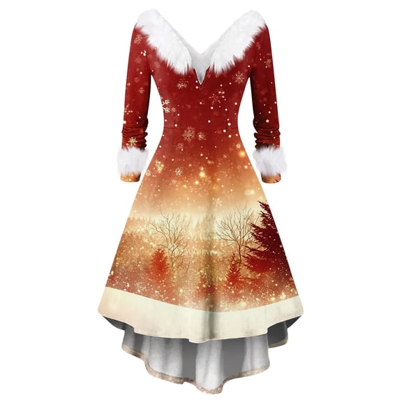 Women's Christmas Printed Fuzzy Trim Dress - V-neck Casual Slim Long Sleeve Party Wear, Yellow, M