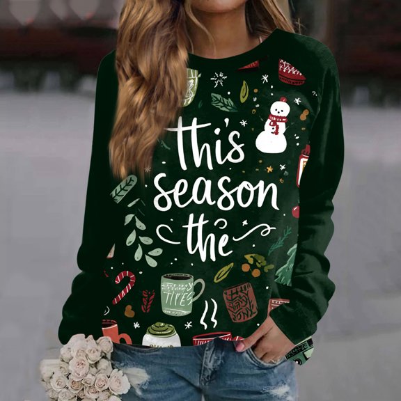 Women's Christmas Printed Hooded Sweatshirt, Long Sleeve Casual Pullover Top with Kangaroo Pocket, Merry Christmas Graphic Fashion Hoodie for Holiday,Dark Green,XL