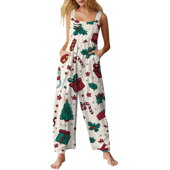 Women's Christmas Printed Jumpsuit - Loose Casual Versatile Romper, Dark Green Size M