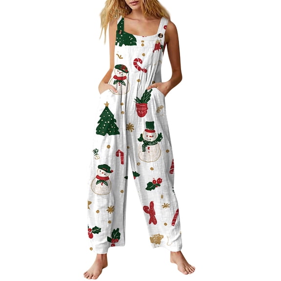 Women's Christmas Printed Jumpsuit - Loose Casual Versatile Romper, White Size M