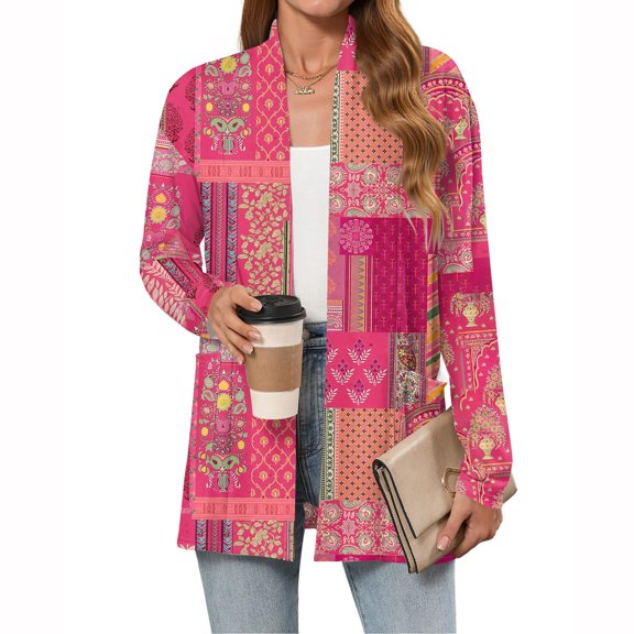 Women's Christmas Printed Lightweight Cardigan - Long Sleeve Casual Loose Pockets Outerwear, Fuchsia, XXL