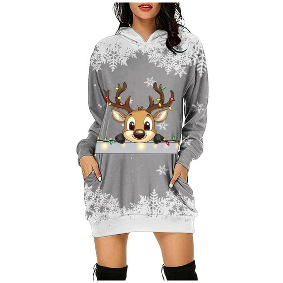 Women's Christmas Printed Long Sleeve Hooded Sweatshirt Dress Casual Pullover Hoodie with Pocket Comfortable Holiday Outfit