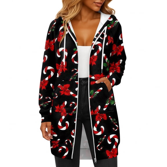 Women's Christmas Printed Long Sleeve Hooded Sweatshirt Jacket with Drawstring and Zipper Pockets, Fashionable Casual Wear for Fall and Winter,Black,M