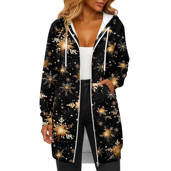 Women's Christmas Printed Long Sleeve Hooded Sweatshirt Jacket with Drawstring and Zipper Pockets, Fashionable Casual Wear for Fall and Winter,Black,S