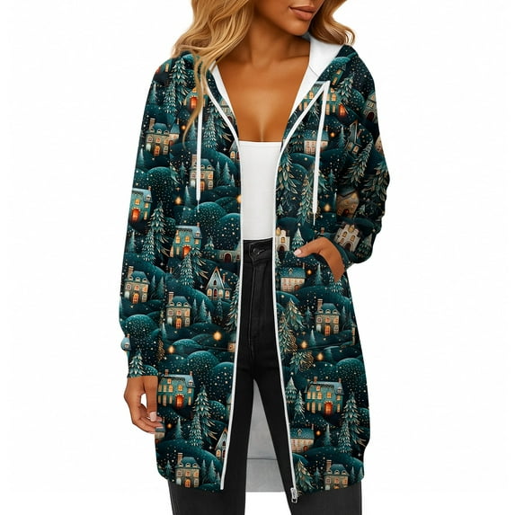 Women's Christmas Printed Long Sleeve Hooded Sweatshirt Jacket with Drawstring and Zipper Pockets, Fashionable Casual Wear for Fall and Winter,Dark Blue,M
