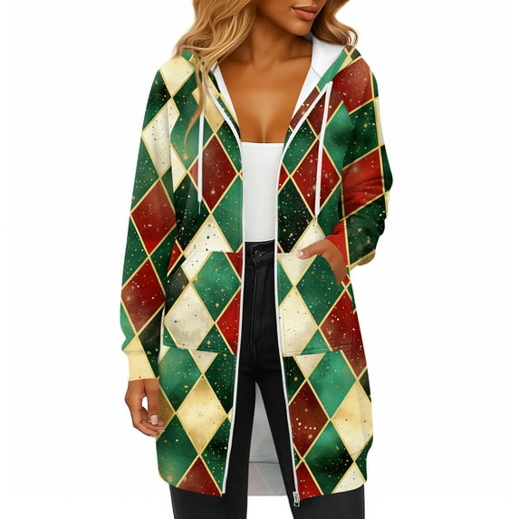 Women's Christmas Printed Long Sleeve Hooded Sweatshirt Jacket with Drawstring and Zipper Pockets, Fashionable Casual Wear for Fall and Winter,Dark Green,S