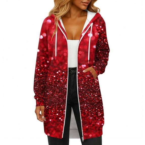 Women's Christmas Printed Long Sleeve Hooded Sweatshirt Jacket with Drawstring and Zipper Pockets, Fashionable Casual Wear for Fall and Winter,Deep Red,M