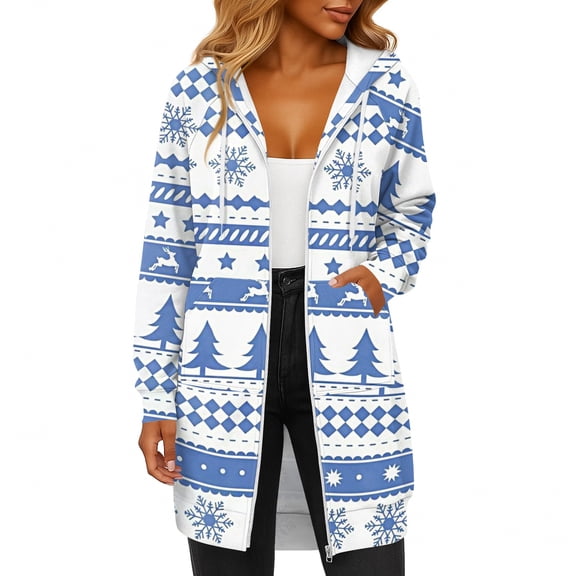 Women's Christmas Printed Long Sleeve Hooded Sweatshirt Jacket with Drawstring and Zipper Pockets, Fashionable Casual Wear for Fall and Winter,Light Blue,S