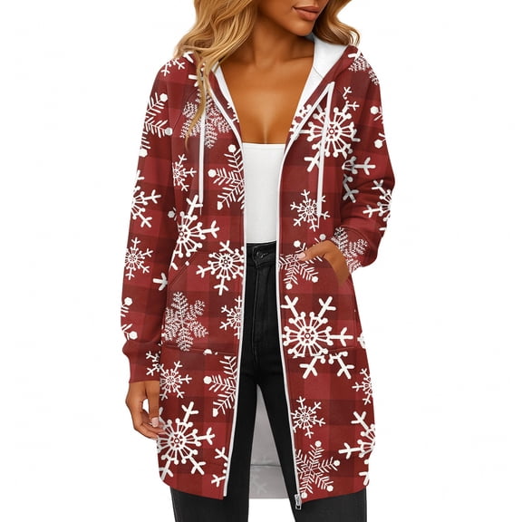 Women's Christmas Printed Long Sleeve Hooded Sweatshirt Jacket with Drawstring and Zipper Pockets, Fashionable Casual Wear for Fall and Winter,Wine,XL