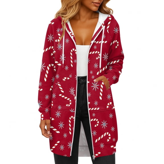Women's Christmas Printed Long Sleeve Hooded Sweatshirt Jacket with Drawstring and Zipper Pockets, Fashionable Casual Wear for Fall and Winter,Red,S