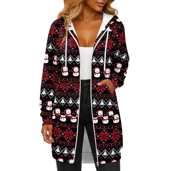 Women's Christmas Printed Long Sleeve Hooded Sweatshirt Jacket with Drawstring and Zipper Pockets, Fashionable Casual Wear for Fall and Winter,Wine,S