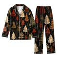 thumbnail image 1 of Women's Christmas Printed Loose Home Casual 2-Piece Set: Long Sleeve Button-Up Top & Wide Leg Pants, Army Green, Size L, 1 of 5