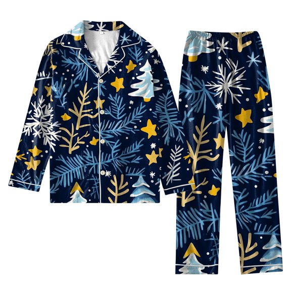 Women's Christmas Printed Loose Home Casual 2-Piece Set: Long Sleeve Button-Up Top & Wide Leg Pants, Blue, Size S