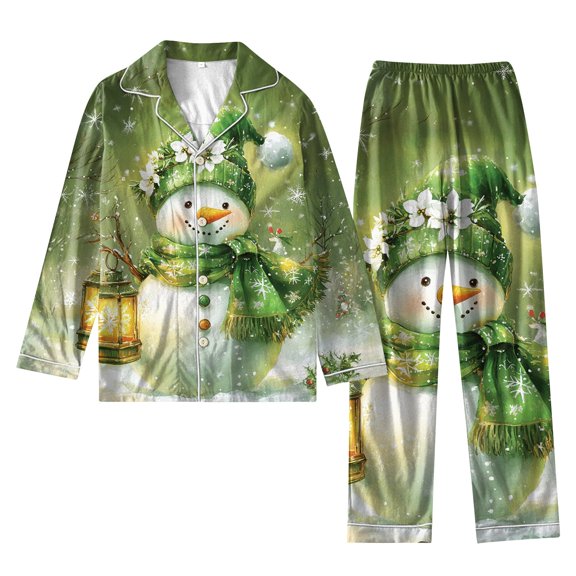 Women's Christmas Printed Loose Home Casual 2-Piece Set: Long Sleeve Button-Up Top & Wide Leg Pants, Light Green, Size S