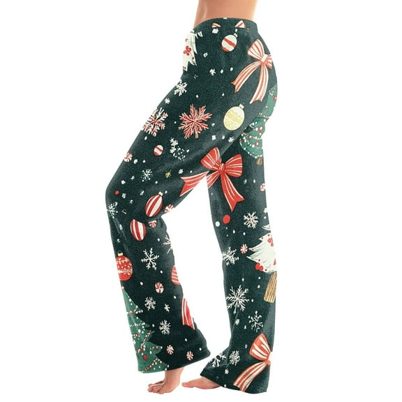 Women's Christmas Printed Plush Casual Pants with Drawstring Elastic Waist, Long Trousers for Home and Casual Wear, Comfortable Design,Army Green,S