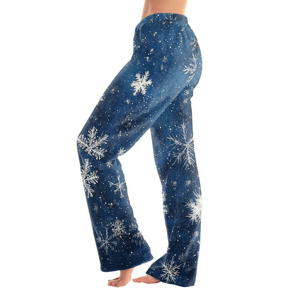 Women's Christmas Printed Plush Casual Pants with Drawstring Elastic Waist, Long Trousers for Home and Casual Wear, Comfortable Design,Blue,XS