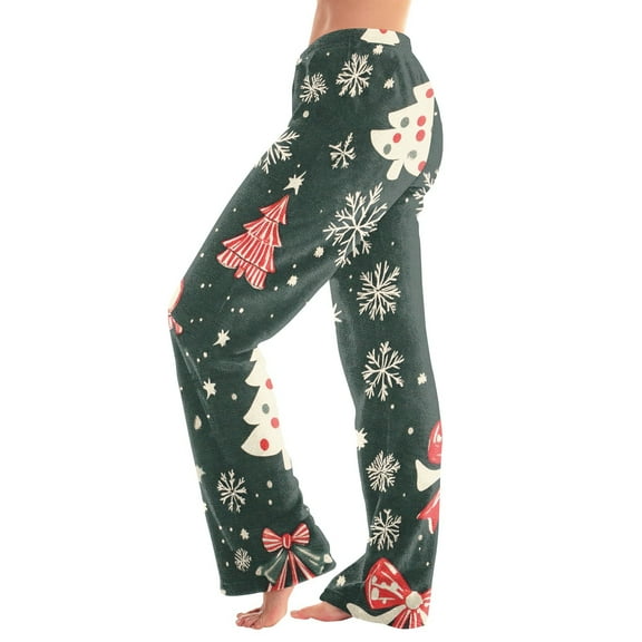 Women's Christmas Printed Plush Casual Pants with Drawstring Elastic Waist, Long Trousers for Home and Casual Wear, Comfortable Design,Green,XS