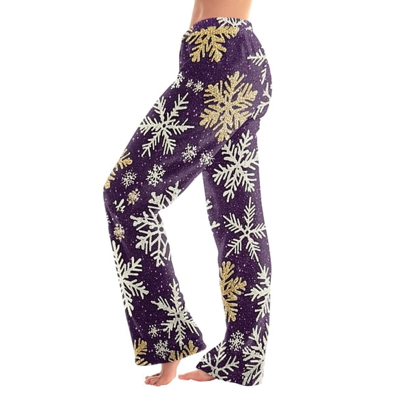 Women's Christmas Printed Plush Casual Pants with Drawstring Elastic Waist, Long Trousers for Home and Casual Wear, Comfortable Design,Purple,XL