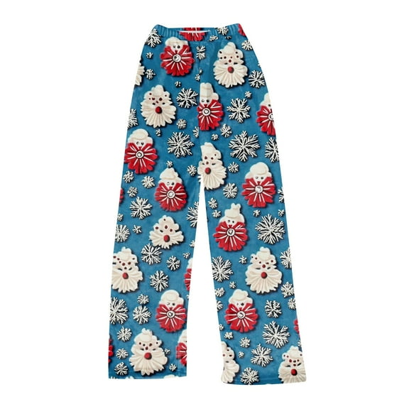 Women's Christmas Printed Plush Pants, Full Length Long Trousers for Winter Casual Wear, Soft and Warm Fleece Material with Festive Design for Women,Blue,S