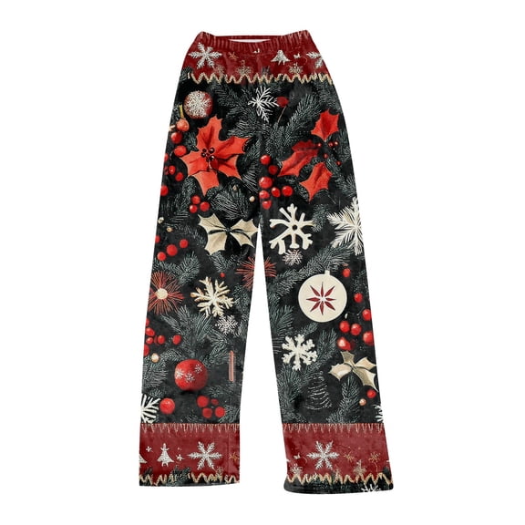 Women's Christmas Printed Plush Pants, Full Length Long Trousers for Winter Casual Wear, Soft and Warm Fleece Material with Festive Design for Women,Wine,M