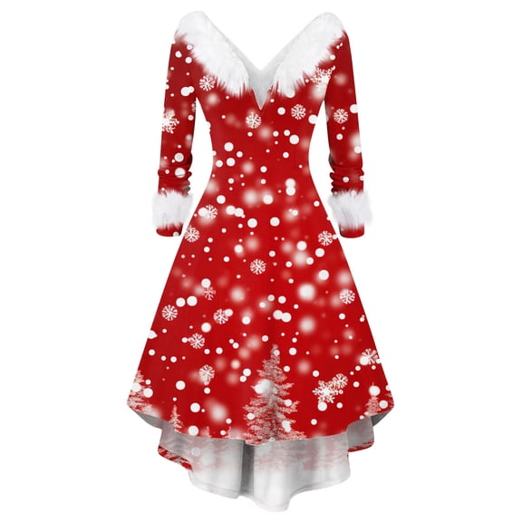 Women's Christmas Printed Plush Party Dress - V-neck Casual Slim Long Sleeve, Burgundy, XXL
