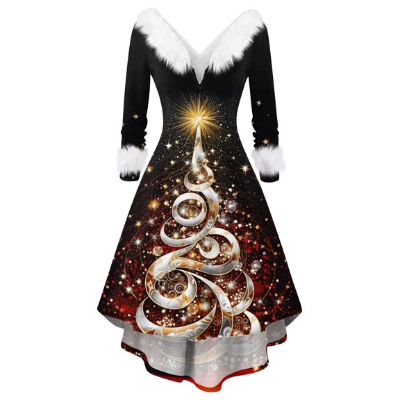 Women's Christmas Printed Plush Party Dress - V-neck Casual Slim Long Sleeve, Khaki, S