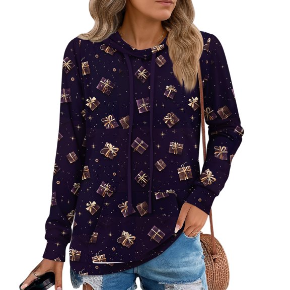 Women's Christmas Printed Pullover Hoodie, Lightweight Fashion Hooded Sweatshirt Tunic Top, Long Sleeve Casual Fall Blouse,Purple,S