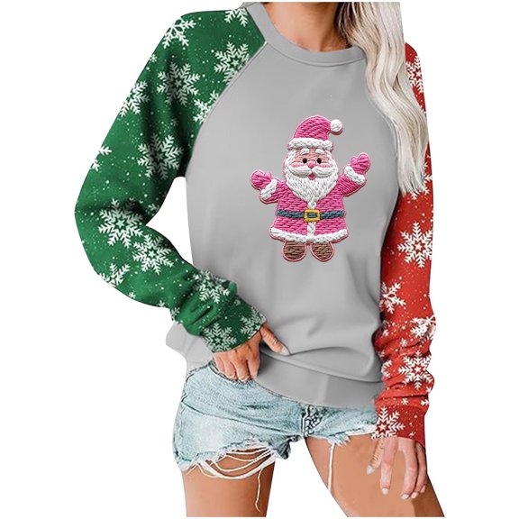 Women's Christmas Printed Round Neck Casual Shoulder Top Long Sleeved Round Neck Hooded Sweatshirt