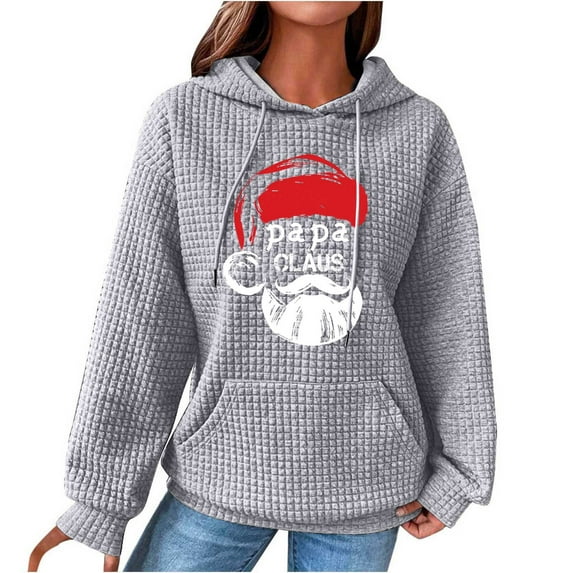 Women's Christmas Printed Round Neck Hooded Long Sleeved Top Sweater(Gray,XL)