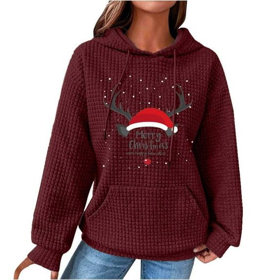 Women's Christmas Printed Round Neck Hooded Long Sleeved Top Sweater(Wine,L)