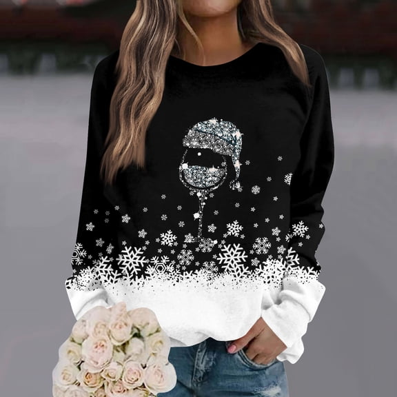 Women's Christmas Printed Round Neck Sweatshirt, Long Sleeve Casual Pullover Top, Raglan Sleeve Holiday Graphic Fall Winter Clothes,Black,L
