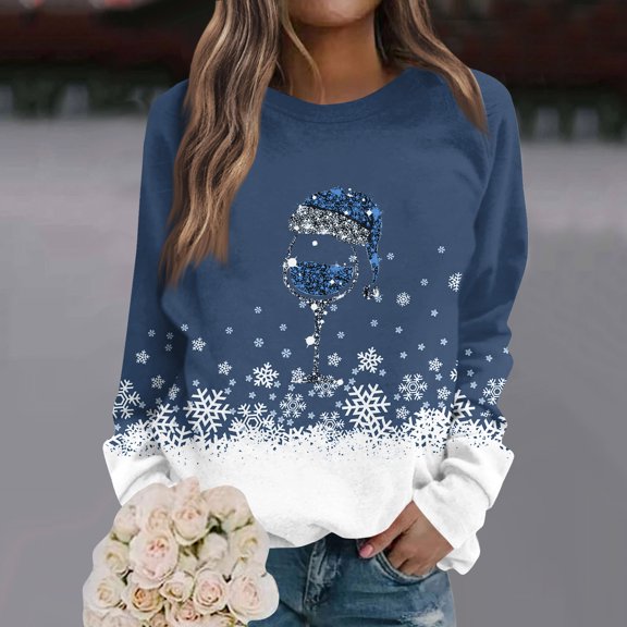 Women's Christmas Printed Round Neck Sweatshirt, Long Sleeve Casual Pullover Top, Raglan Sleeve Holiday Graphic Fall Winter Clothes,Dark Blue,S