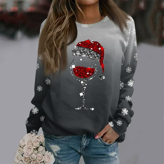 Women's Christmas Printed Round Neck Sweatshirt, Long Sleeve Casual Pullover Top, Raglan Sleeve Holiday Graphic Fall Winter Clothes,Gray,S
