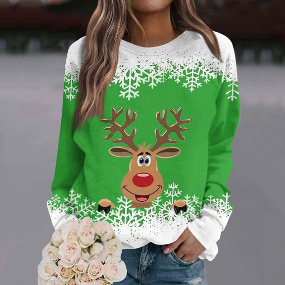 Women's Christmas Printed Round Neck Sweatshirt, Long Sleeve Casual Pullover Top, Raglan Sleeve Holiday Graphic Fall Winter Clothes,Green,S