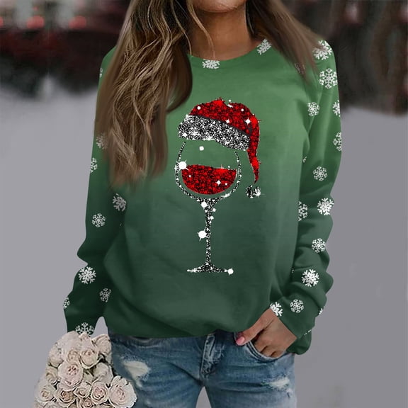 Women's Christmas Printed Round Neck Sweatshirt, Long Sleeve Casual Pullover Top, Raglan Sleeve Holiday Graphic Fall Winter Clothes,Green,S
