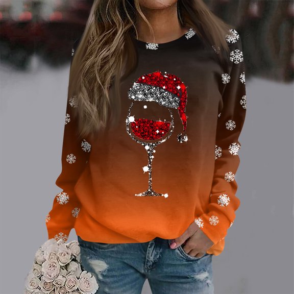 Women's Christmas Printed Round Neck Sweatshirt, Long Sleeve Casual Pullover Top, Raglan Sleeve Holiday Graphic Fall Winter Clothes,Orange,S
