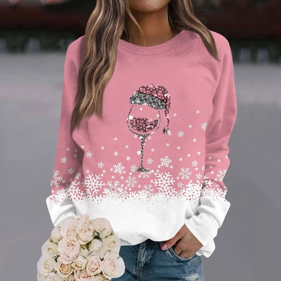 Women's Christmas Printed Round Neck Sweatshirt, Long Sleeve Casual Pullover Top, Raglan Sleeve Holiday Graphic Fall Winter Clothes,Pink,S