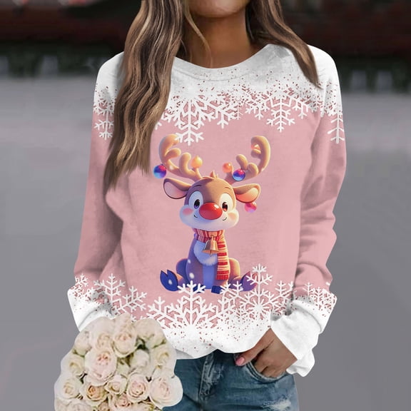 Women's Christmas Printed Round Neck Sweatshirt, Long Sleeve Casual Pullover Top, Raglan Sleeve Holiday Graphic Fall Winter Clothes,Pink,XL
